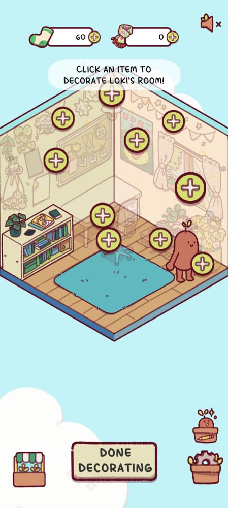A brown bean standing in a little room. Inside the room is a teal rug and a light green bookshelf, holding books coloured shades of green. A plant in a green bot stands on top of a shelf.
