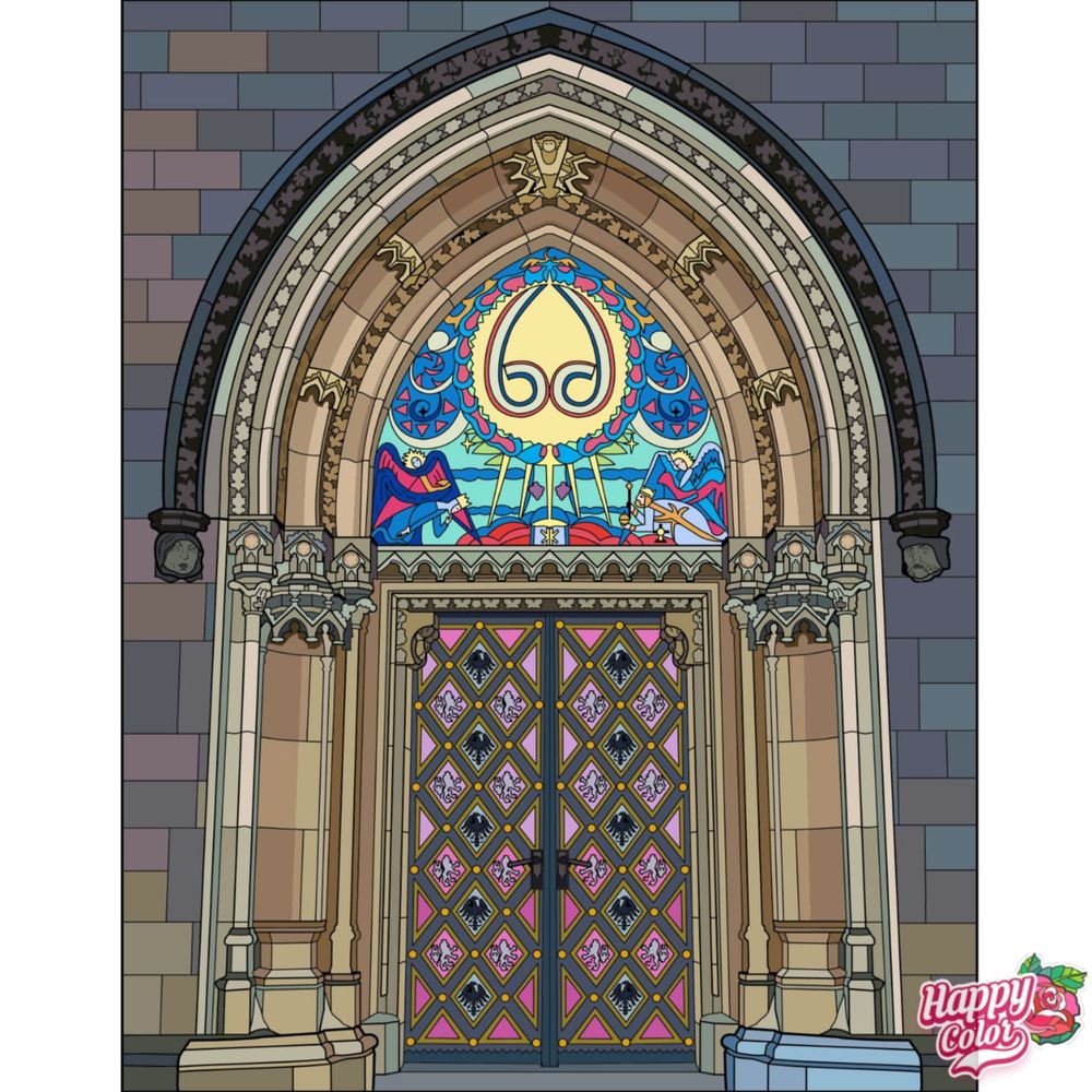Colour by numbers drawing of tall double doors, with a concrete arch at the top and colourful stained glass art between the arch and the door.