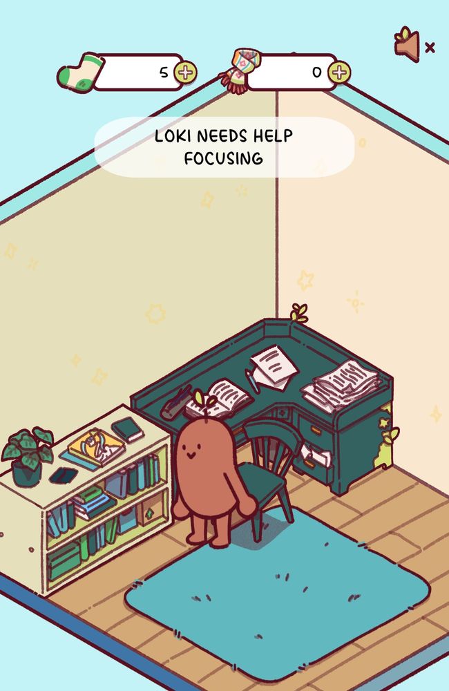 A little bean (Loki) standing in their little corner holding a phone, concentrating hard as their tongue is out. To the left of them is a light green bookshelf containing green books, a plant in a green pot on top of the shelf. Next to the bookshelf is a large dark green desk, with an open book, an open pencil bag and papers on top of it. Its bottom drawer is stuffed with papers, as is the bin underneath the desk. In front of it is a chair in a matching dark green.

On the floor is a teal rug.

Text in a bubble reads: Loki needs help focusing.

Sock counter reads 5.