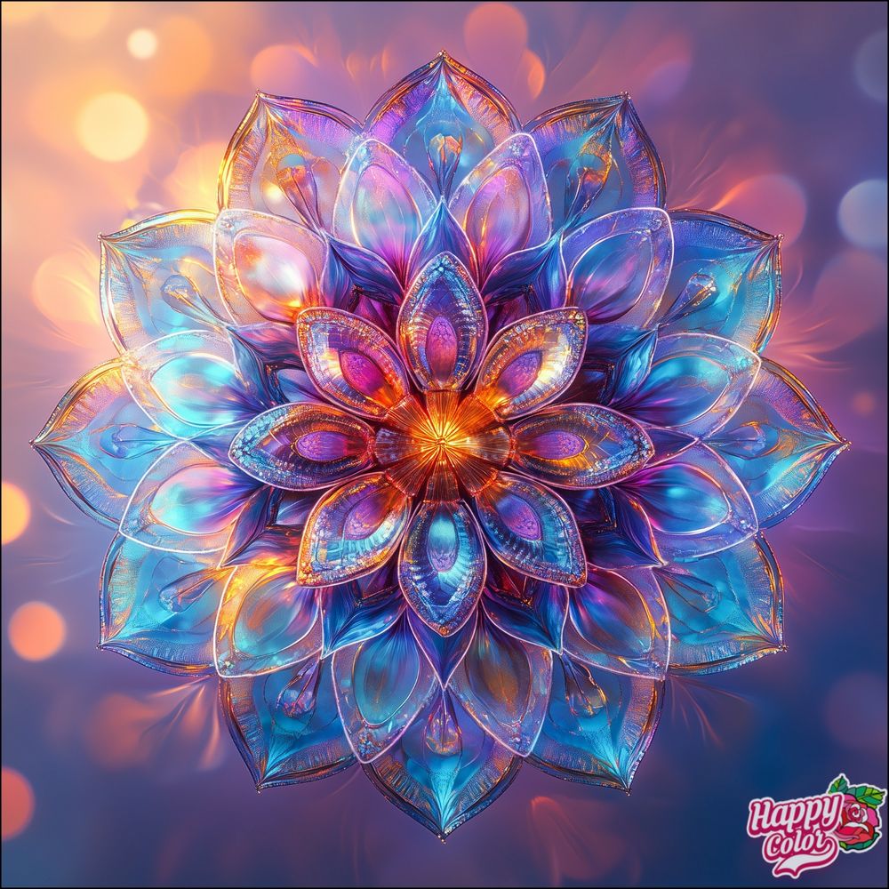 A glassy mandala in a gradient of blue, purple and orange, sparkling in light coming from the background. 