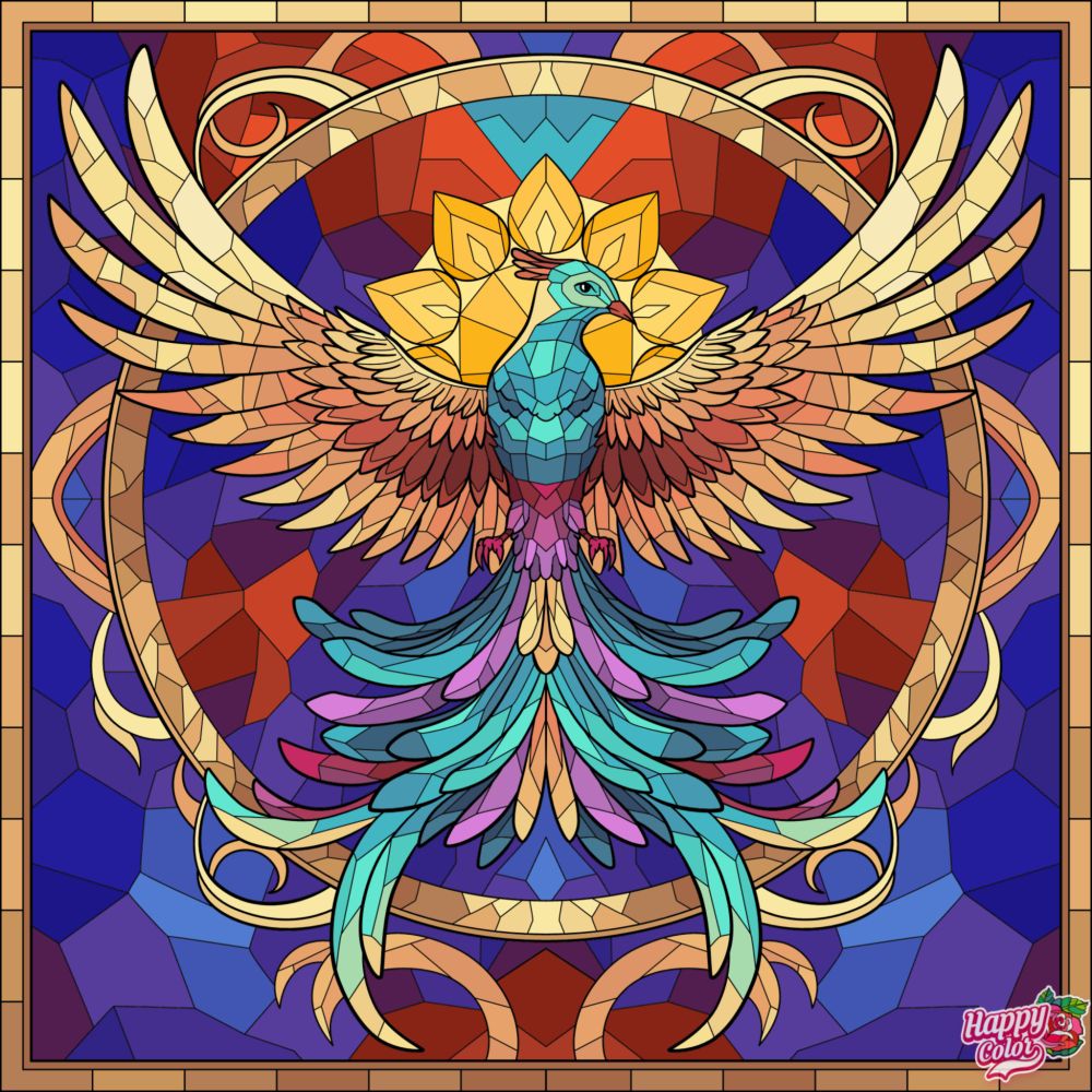 Finished colour by number drawing of a bird, its wings are gold, its feathers on its body a mix of blue and purple. 