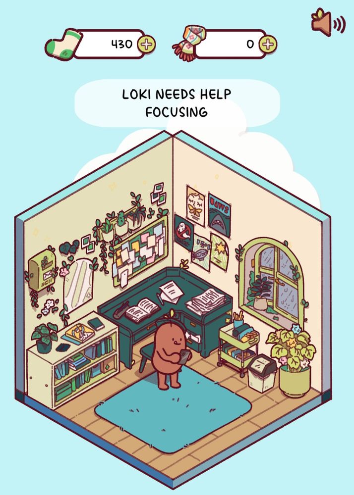 A lil brown bean standing in their little room. On the wooden floor is a teal square rug. The furniture consists of a light green bookshelf with a green potted plant and several books, a dark green desk and chair, a light green cart filled with craft supplies, a large potted plant. On the walls, a rainy window, several posters and a pinboard, plants and a mailbox. Text above reads: Loki need help focusing Sock counter: 430