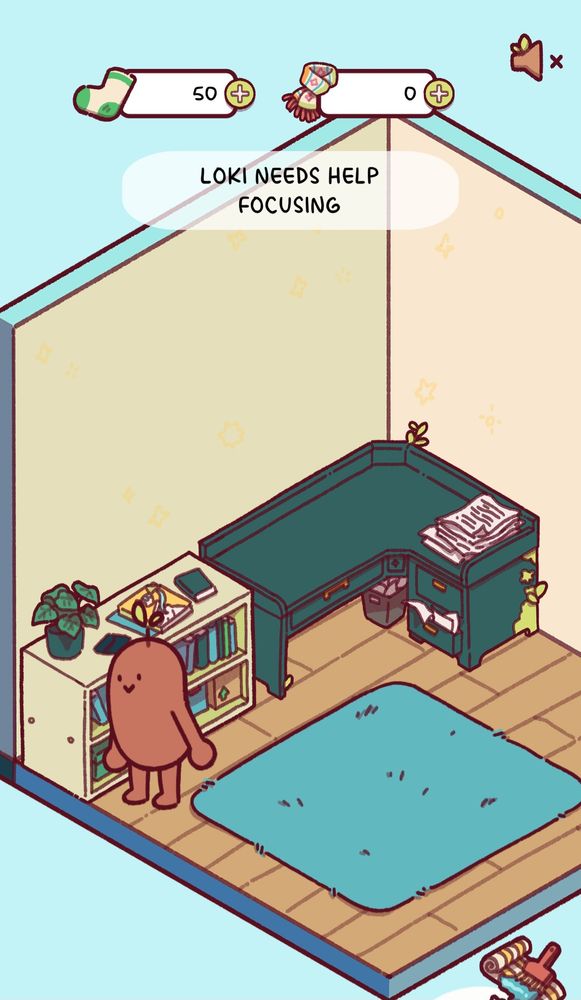 A little bean (Loki) standing in their little corner holding a phone, concentrating hard as their tongue is out. To the left of them is a light green bookshelf containing green books, a plant in a green pot on top of the shelf. Next to the bookshelf is a large dark green desk, with a stack of papers on top of it. Its bottom drawer is stuffed with papers, as is the bin underneath the desk.
On the floor is a teal rug.

Text in a bubble reads: Loki needs help focusing.

Sock counter reads 50.