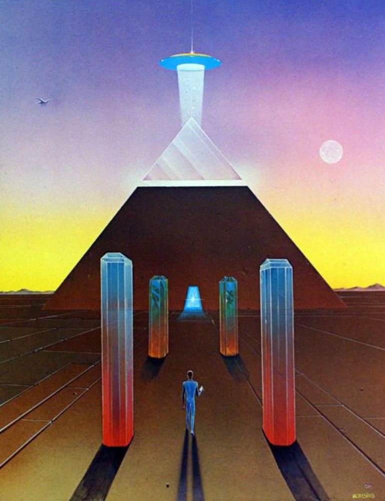 A man walks between pillars toward a large pyramid building. There is a hovering saucer craft above the apex of the pyramid