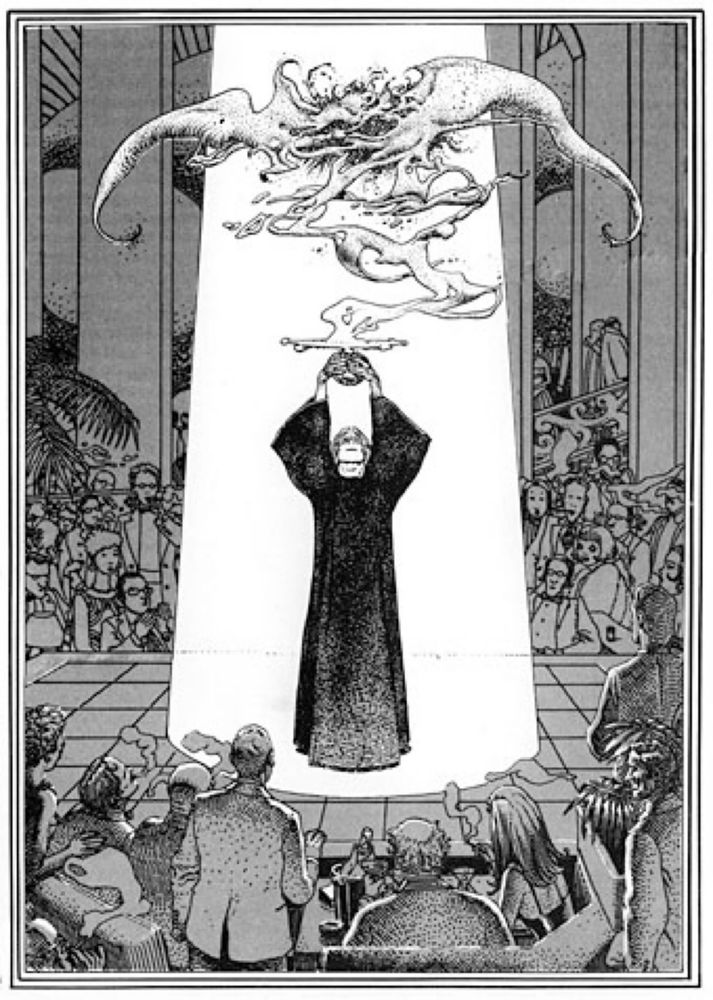 Mœbius drawing of a wizard summoning in front of an audience
