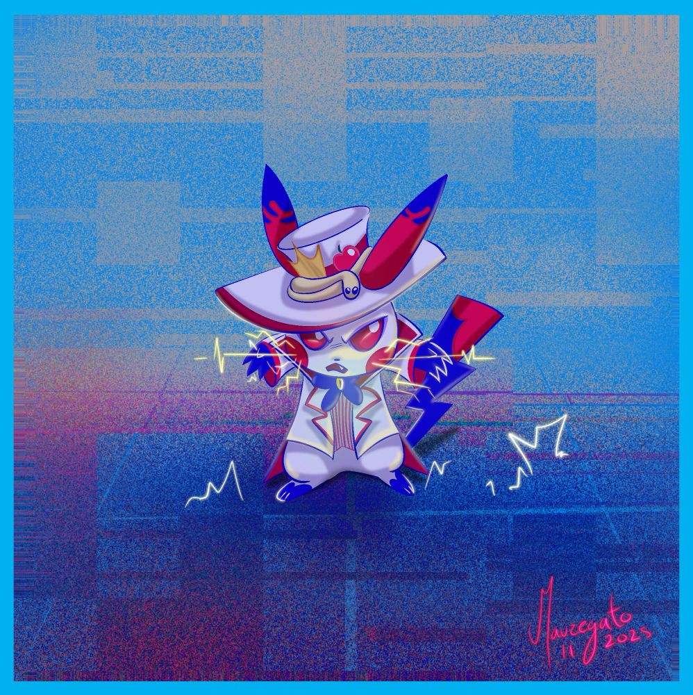 Lucifer como un pikachu con filtro azul y rodeado de ruido de estática 