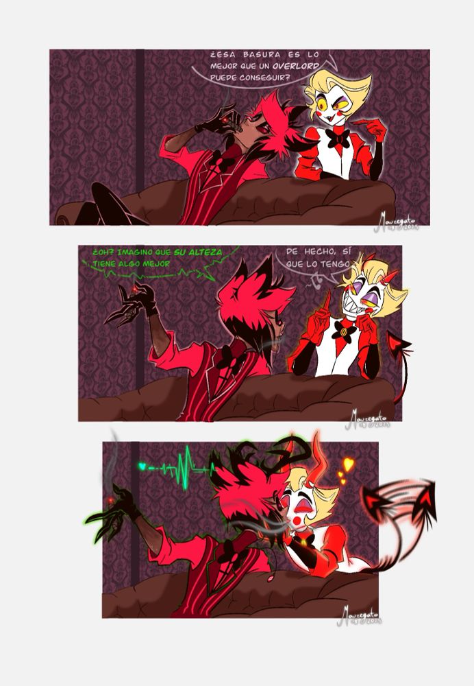 First frame: Alastor is smooking tobacco and Lucifer asks “Is that garbage the best that an Overlord can find?”

Second frame: Alastor says “oh? I imagine that His Highness has something better?” And Lucifer answers “In fact, yes I do”

Third frame: Lucifer kisess Alastor and smoke is coming out of their joined mouths 