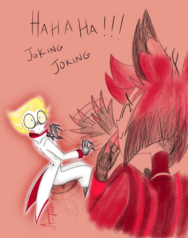 Lucifer voltea a mirar a Alastor fijamente mientras clava las garras en la barra del bar. Alastor sonríe de manera inocente e intenta aplacar a Lucifer mientras dice: Jajaja!!! Broma broma (Hahaha!!! Joking Joking)