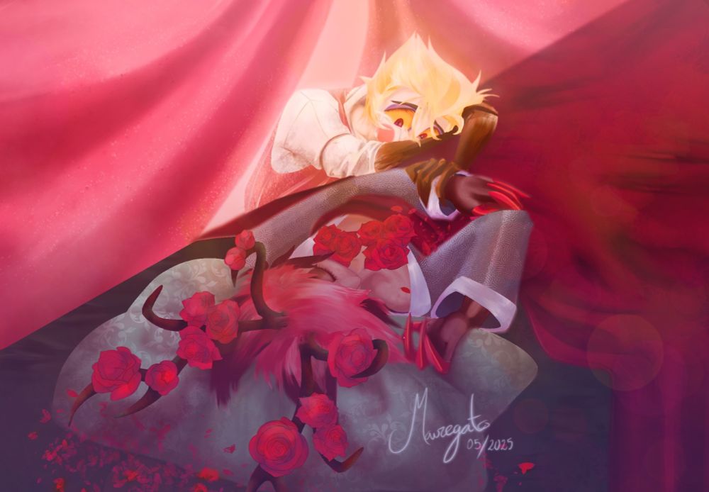 Alastor en cama durmiendo con rosas en el pecho y las astas y petalos alrededor. A un lado de la cama esta Lucifer con la cabeza recostada mirando a Alastor con lagrimas en los ojos y una mano sobre uno de los brazos de alastor