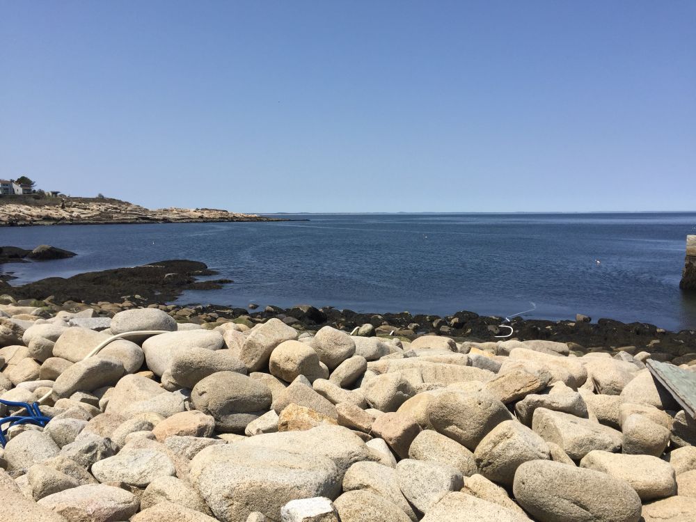 Rocky shoreline and blue sky in Massachusetts.  