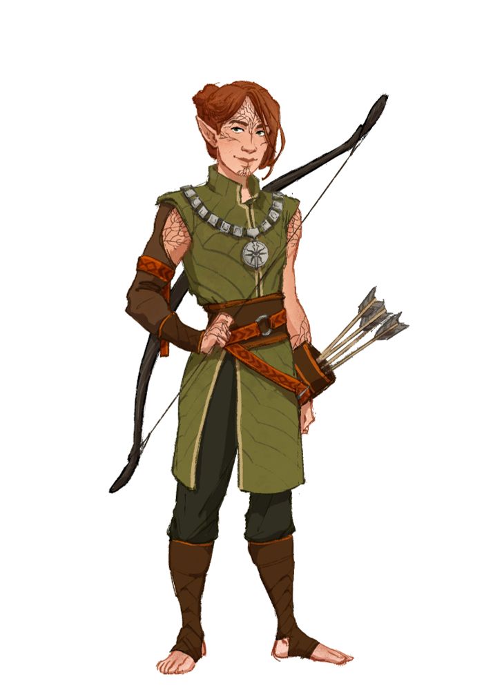 desenho de um elfo ruivo com um arco nas costas. Sua roupa é verde com detalhes laranjas e ele está parcialmente descalço