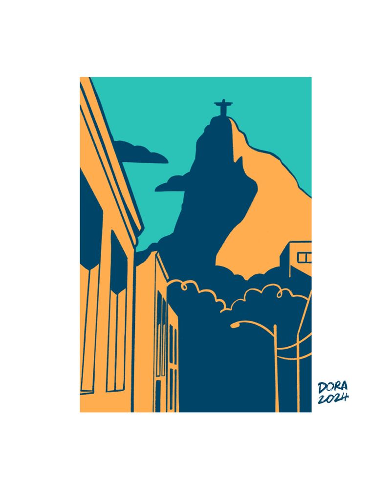 desenho do cristo redentor visto de botafogo no final da tarde