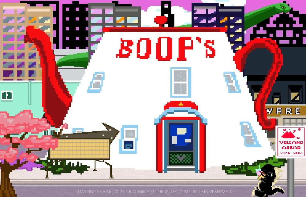 2021 concept art for game: Dino player character in foreground drinking a boba tea in front of a “volcano ahead” sign. “Boop’s”, a teapot shaped establishment loosely based on Bob’s Java Jive, sits in front of a city scape. A green bronto can be seen in the background.