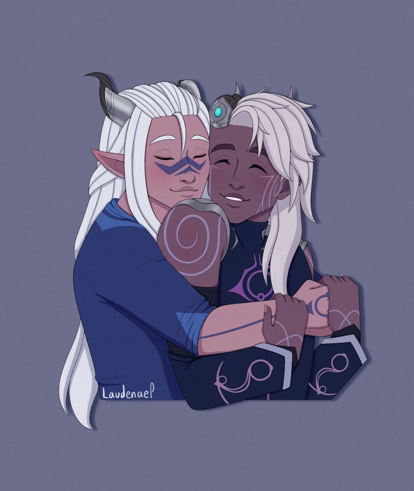 Fanart of Runaan and Ethari from the animated serie Dragon Prince embracing each other