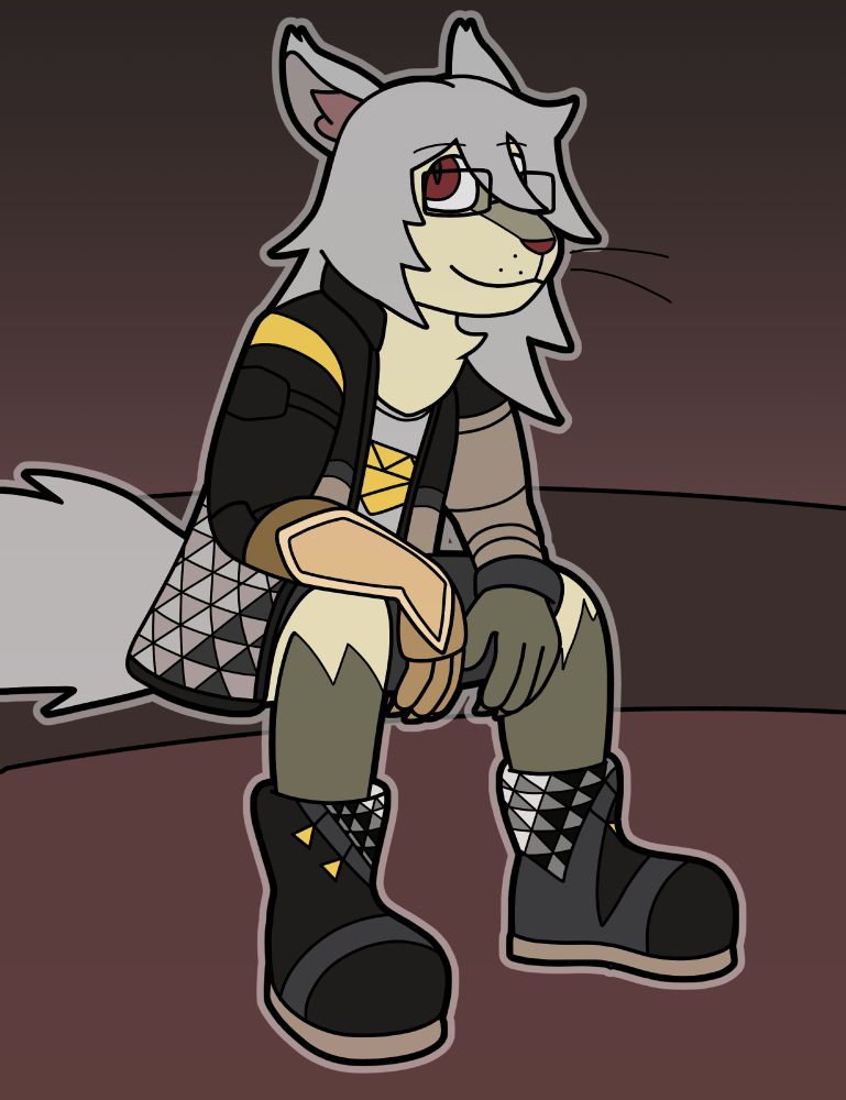 An anthropomorphic cat-fish-bee hybrid sitting down and looking off
