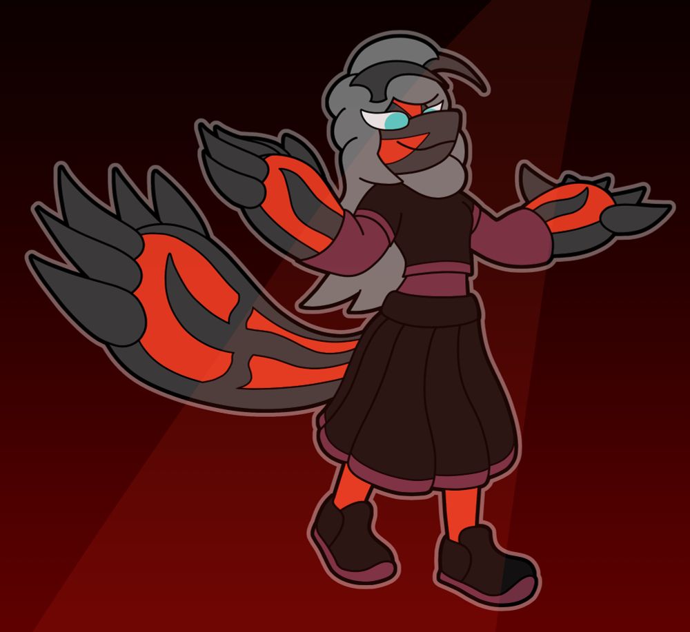 An anthropomorphic Yveltal walking with her arms outstretched