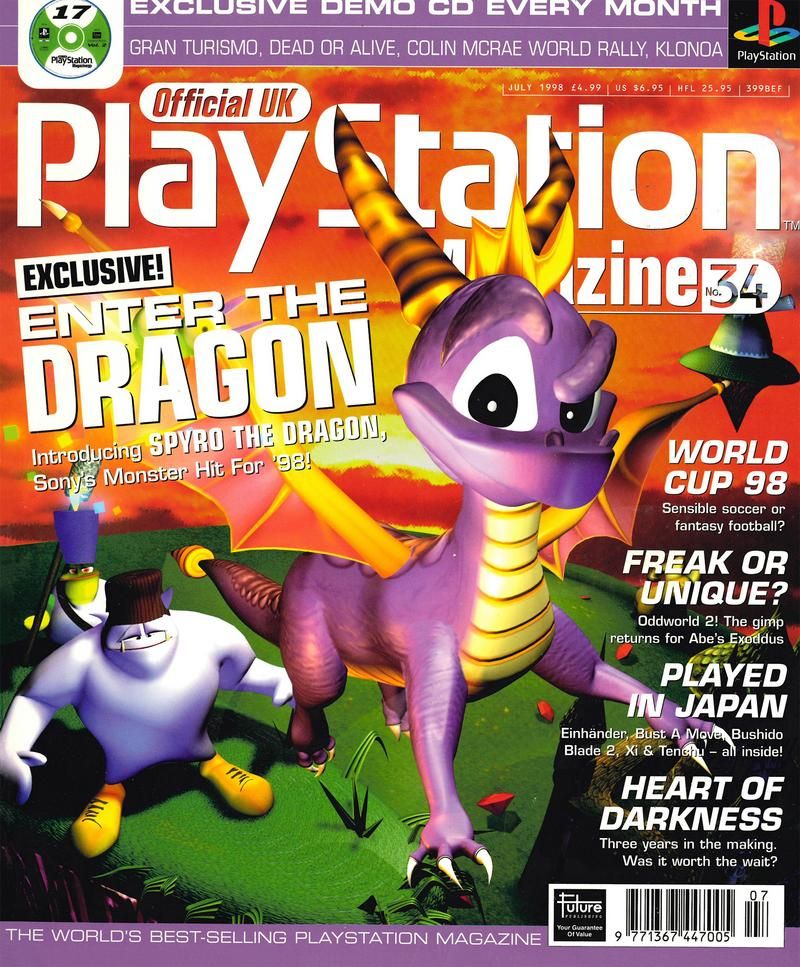 Official UK PlayStation Magazine #34, July '98 - 'Spyro The Dragon' cover.