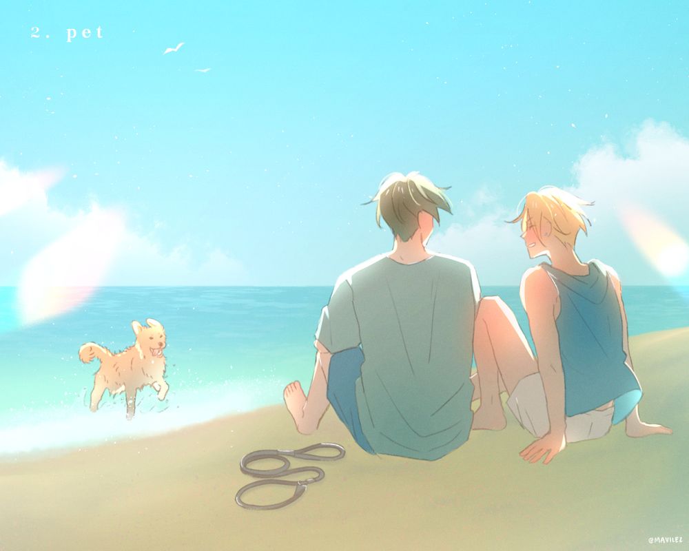 drawing of hirano and kagiura at the beach with a dog. they're sitting side by side in the sand while their dog is running and splashing in the watter.