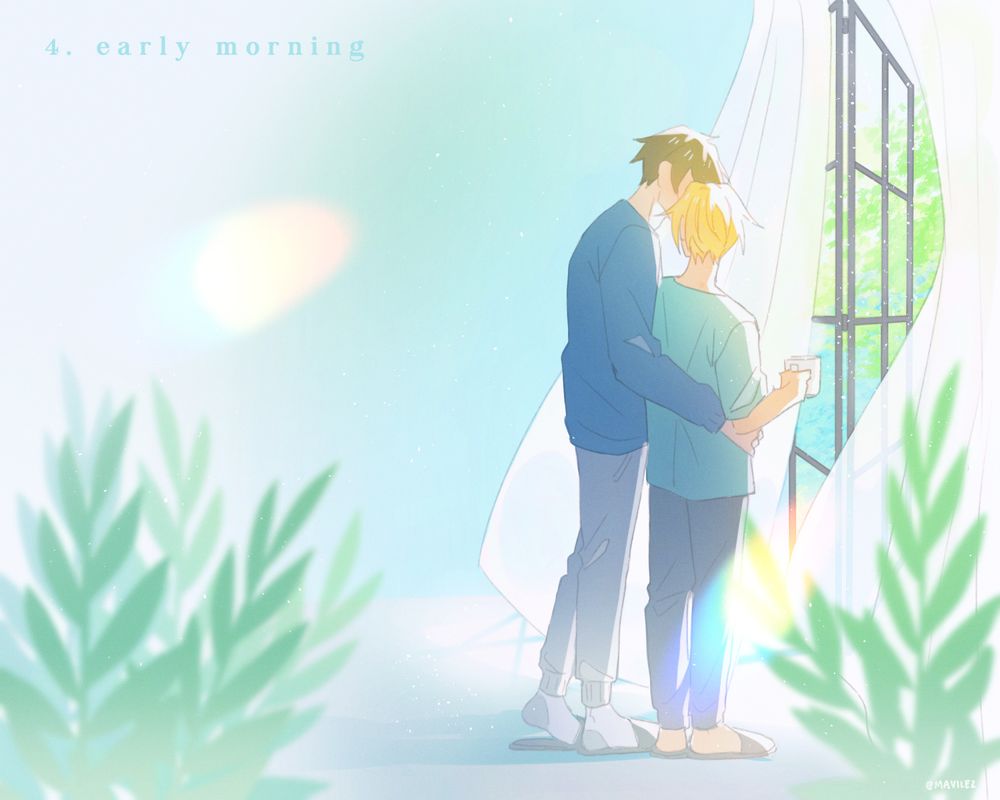 drawing of hirano and kagiura standing in front of a bright window with flowy white courtains. they're huddled close together and hirano is holding a cup of coffee.