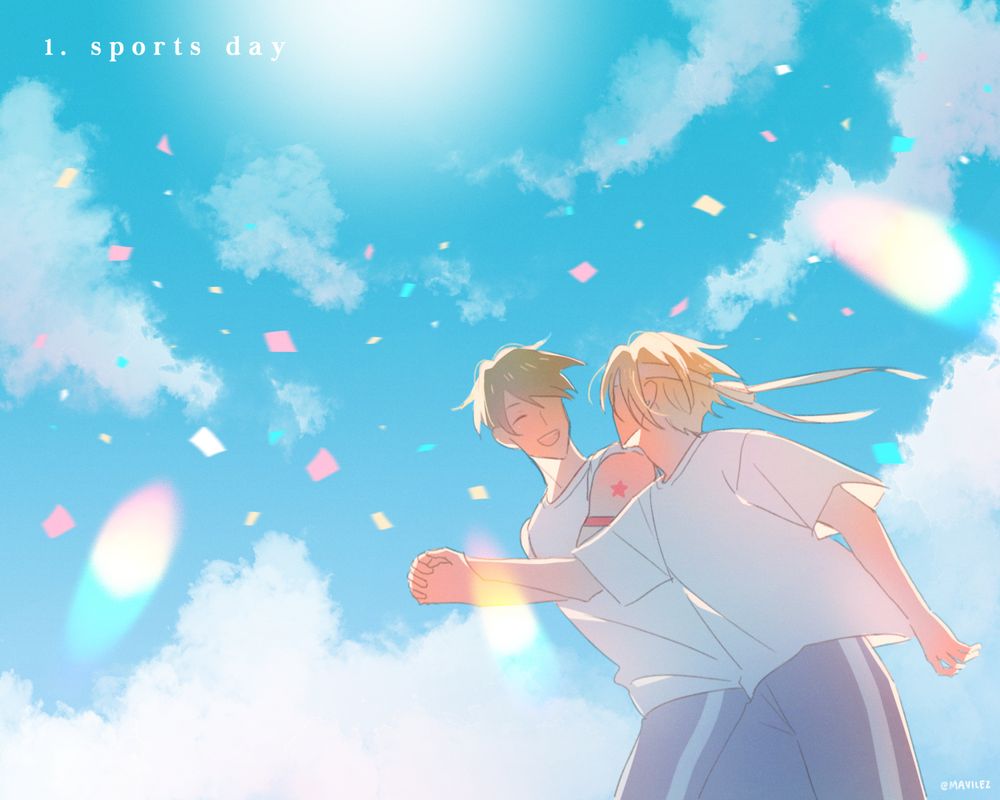 drawing of hirano and kagiura at the sports festival based on the scene from chapter 31. they are running hand in hand and looking at each other smiling, with a big blue sky behind them. there is colored confetti and rainbow lights around them