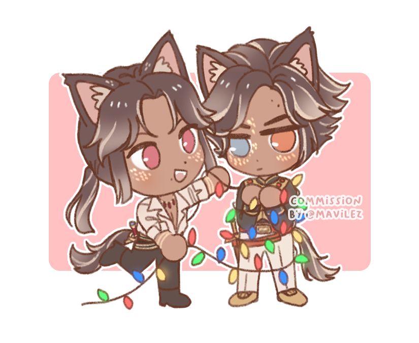 drawing of two chibi characters. the character on the left, derianne, is smiling mischeviously while wrapping colorful christmas lights around the character on the right, elier, who just looks annoyed.