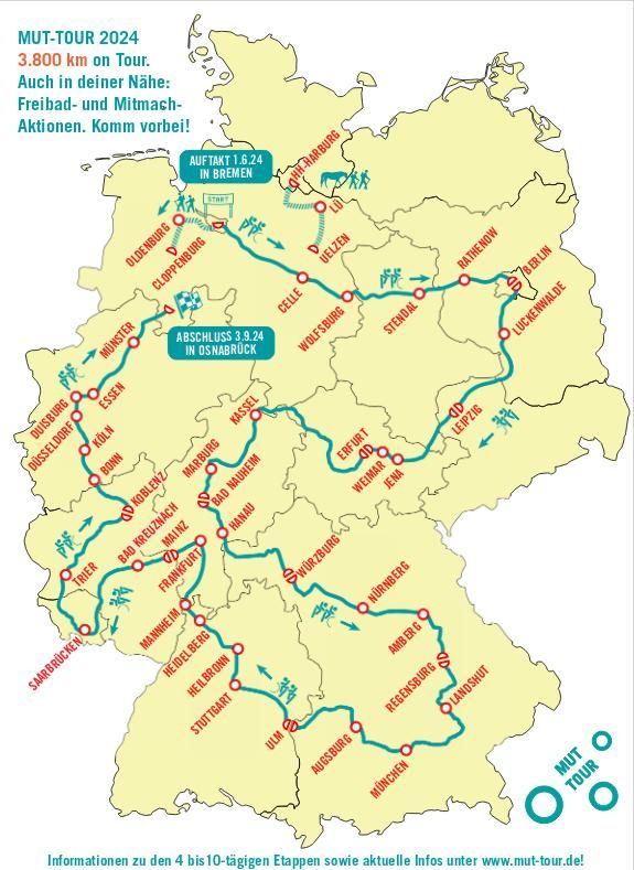 Eine gelb unterlegte Karte von Deutschland, in der in grün verschiedene Rad- und Wandertouren eingezeichnet sind. Die Städte, die dabei passiert werden, sind in rot angegeben.
Die Überschrift der Karte lautet "MUT-TOUR 2024  3800 km on Tour.
Auch in deiner Nähe: Freibad- und Mitmach-Aktionen. Komm vorbei!"