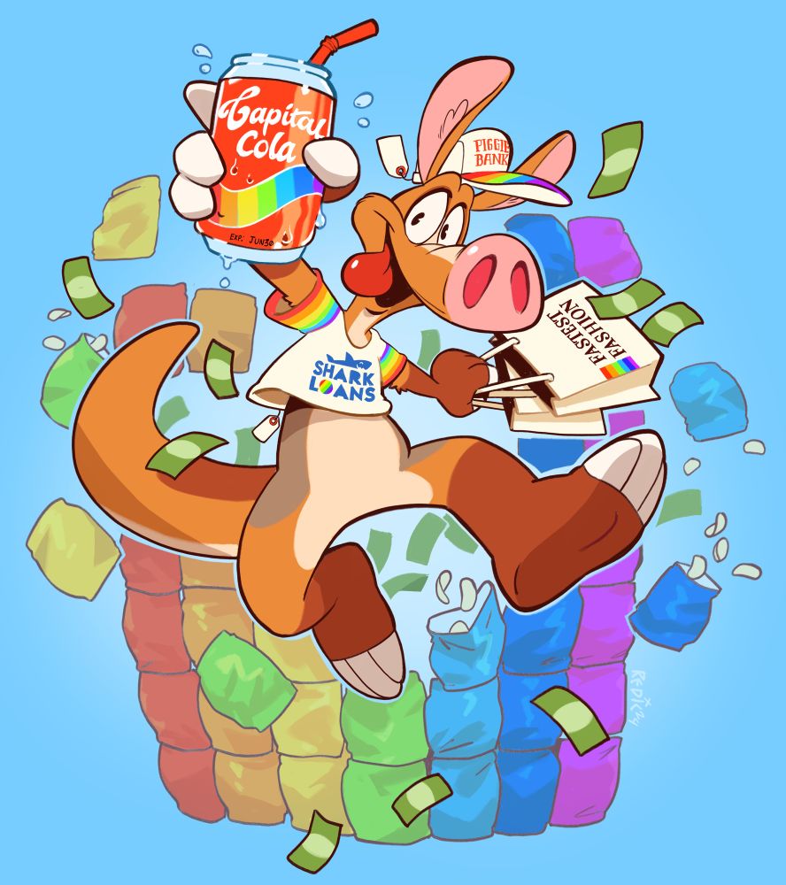 Kilmo aardvark crashes through a wall of pride potato chip bags adorned in corporate pride swag
