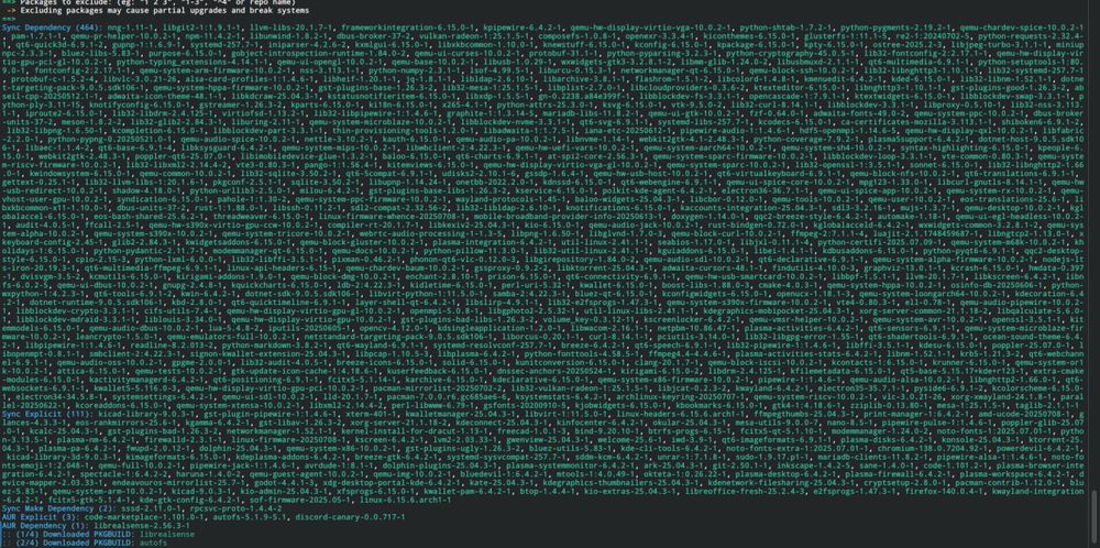 I didn't update my Linux machine for a few weeks. Screenshot of the console showing my a full-screen covering wall of text of packages which need to be updated (464 to be exact).