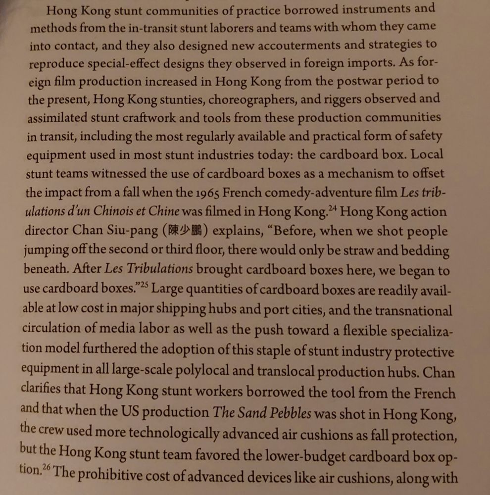 Page 131 from Lauren Steimer's EXPERTS IN ACTION, explaining that Hong Kong stunties got the idea to use cardboard boxes to break falls from the French production UP TO HIS EARS.