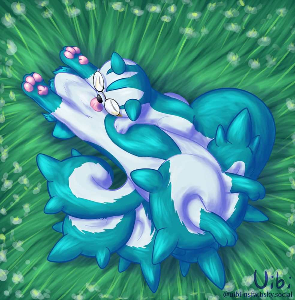 Simha, a female Pachirisu wearing glasses, sitting beside Lahela, a female Pachriisu-Sylveon hybrid. Lahela is sprawled on her back and exposing her neck, while Simha is happily licking it.