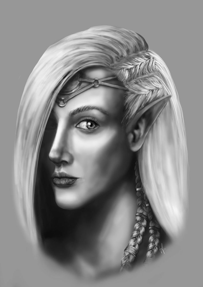 A black and white portrait of a woman with straight hair that is braided at the side of her head, two braids are visible coming out from under straight hair at the side of her head. A single eye is visible, and a long pointed ear. 