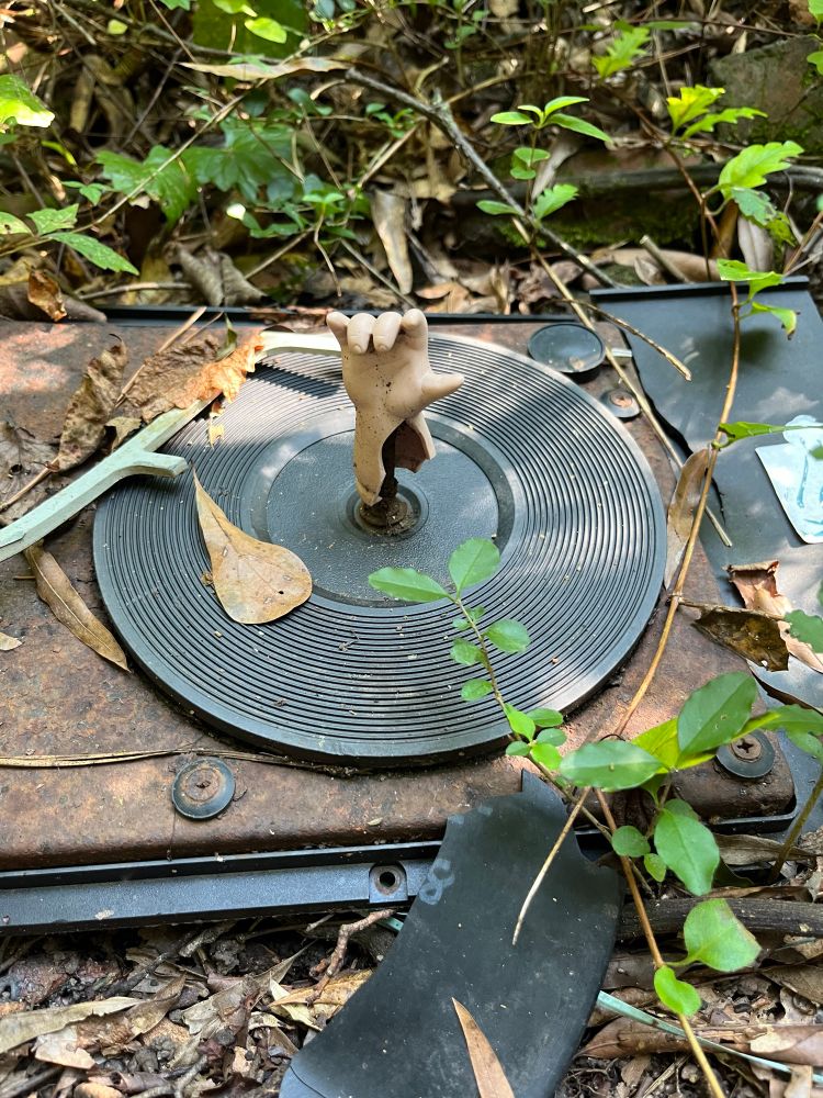 A record player in the ground with a doll’s hand in the center 🤟🏼