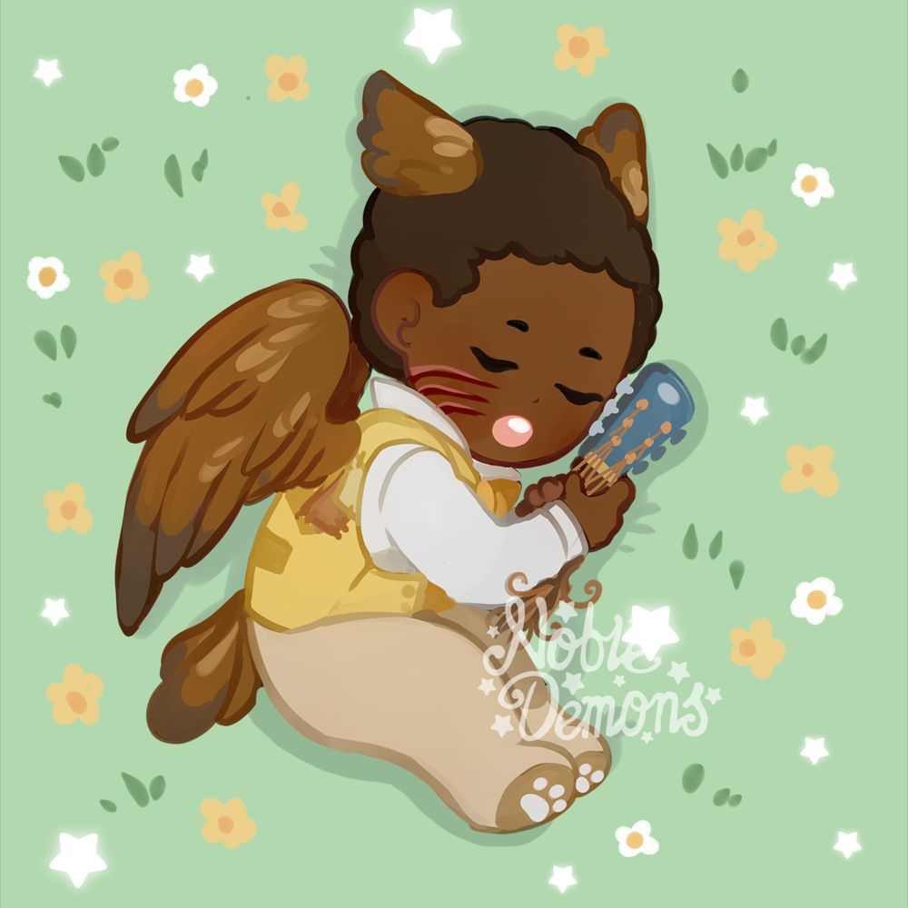 Sammie Moore illustrated as a baby bird sleeping peacefully outside in a field of flower even tho his little face is scarred now with scratch marks going down his cheeks he holds closely to him the remaining piece of his guitar now torn to shreds resembling a stake, this item handed down to him by his cousins protected him, kept him safe, and he will hold it closely to him as he lets his light and talent shine despite the terrible things that happened to him tonight. HE IS MY BABYS HES MY BABYYY. Illustrated by artist nobledemons.