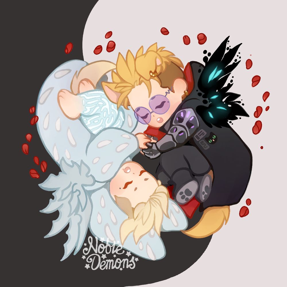 illustration of baby knives and vash wearing hoodies inspired by their finale looks, knives has a onsie inspired by his big blue coat and he is reaching out for Vash, vash has a black onsie inspired by his finale outfit both of them have a single wing, vash has black wings and knives has a silver wing made up of his blades, vash has puppy ears and tails while knives has wolf ears and tails they are laying opposite of each other in a ying and yang inspires background with red geranium petal surrounding them. Illustration by artist nobledemons 