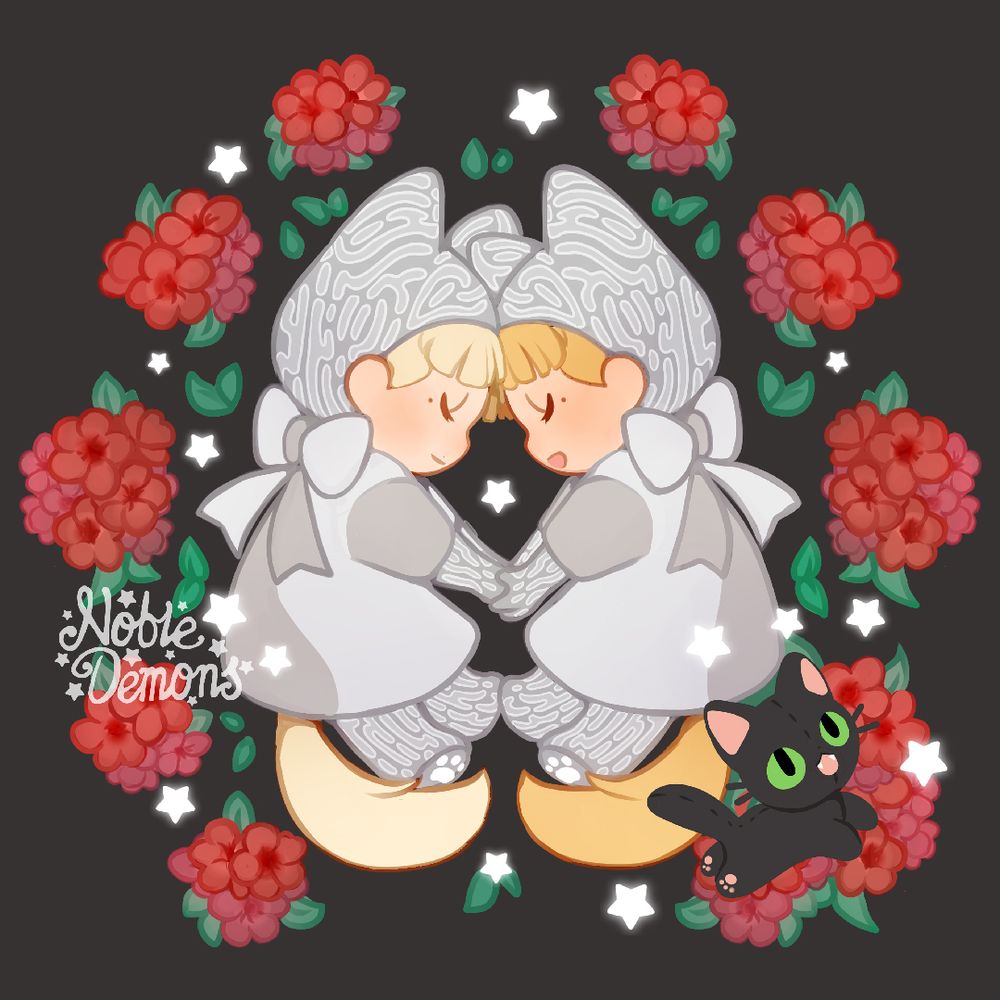 illustration of baby knives and vash holding hands in little cat onesies inspired by their childhood outfits. they have red geranium surrounding them, they both have cat tails that match their haircolor and a kuroneko plush is frolicking besides them. Digital illustration by artist nobledemons