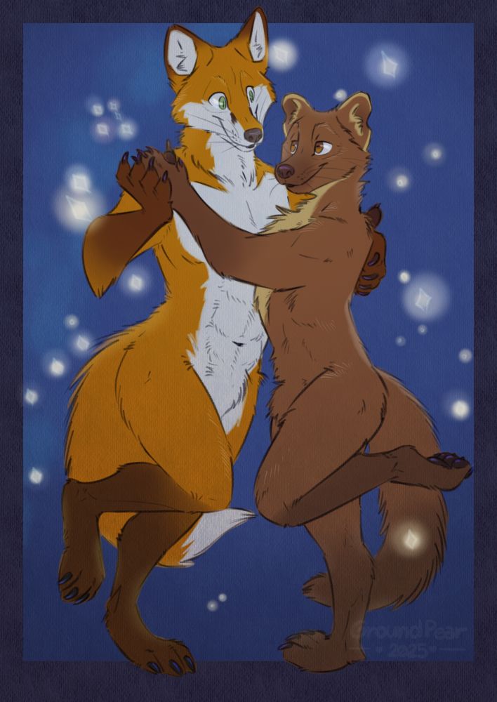 Vincent the pine marten is being held close by his boyfriend Wicke, a red fox. They each have one leg up and are holding paws as they dance together with lights twinkling behind them.