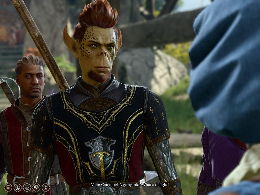 In-game screenshot of Tarvok, a githyanki man, talking to Volo in a clearing, Wyll and Gale (face obscured by Volo’s hat) are on either side of Tarvok
Text reads:
“Volo: Can it be?  A githyanki?  What a delight!”