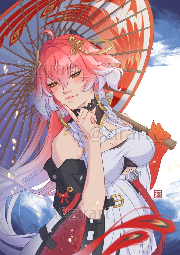 Fanart de Changli, personaje de Wuthering Waves, sujetando una sombrilla