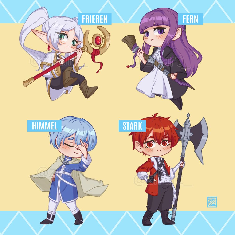 Stickers chibis de Sousou no Frieren (Frieren, Fern, Himmel y Stark)