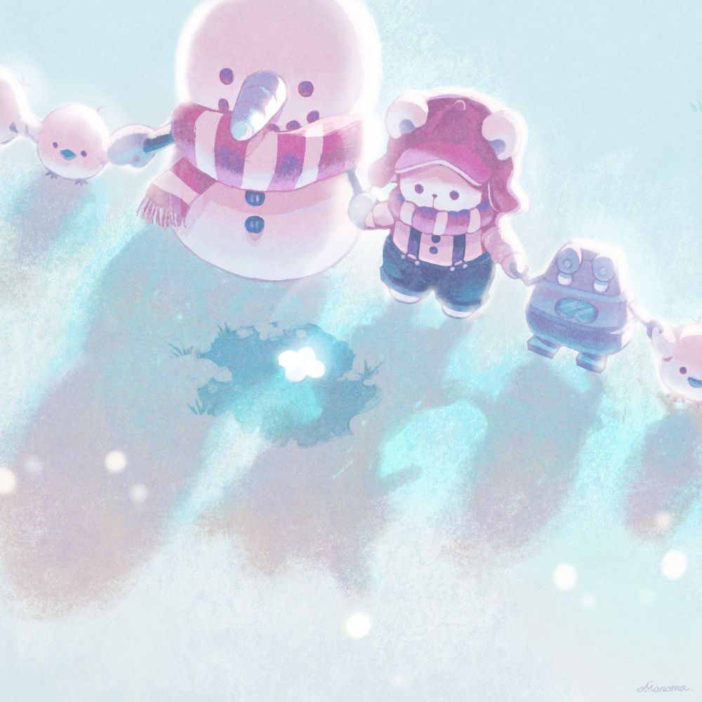 ゆきだるまとくまのぬいぐるみたちが手も繋いで、雪解けを見つめているイラスト
#illustration
