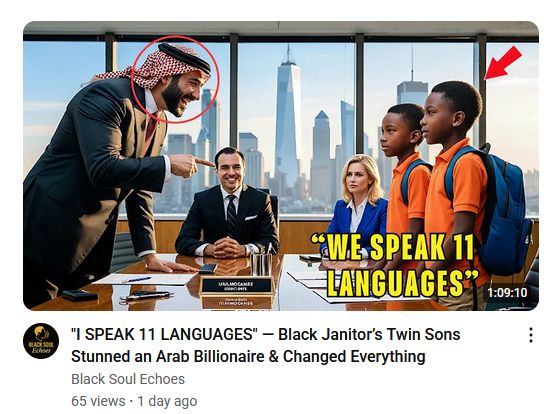 YouTube video with AI generated thumbnail from Black Soul Echoes with 65 views and the title "I SPEAK 11 LANGUAGES" -- Black Janitor's Twin Sons Stunned an Arab Billionaire & Changed Everything