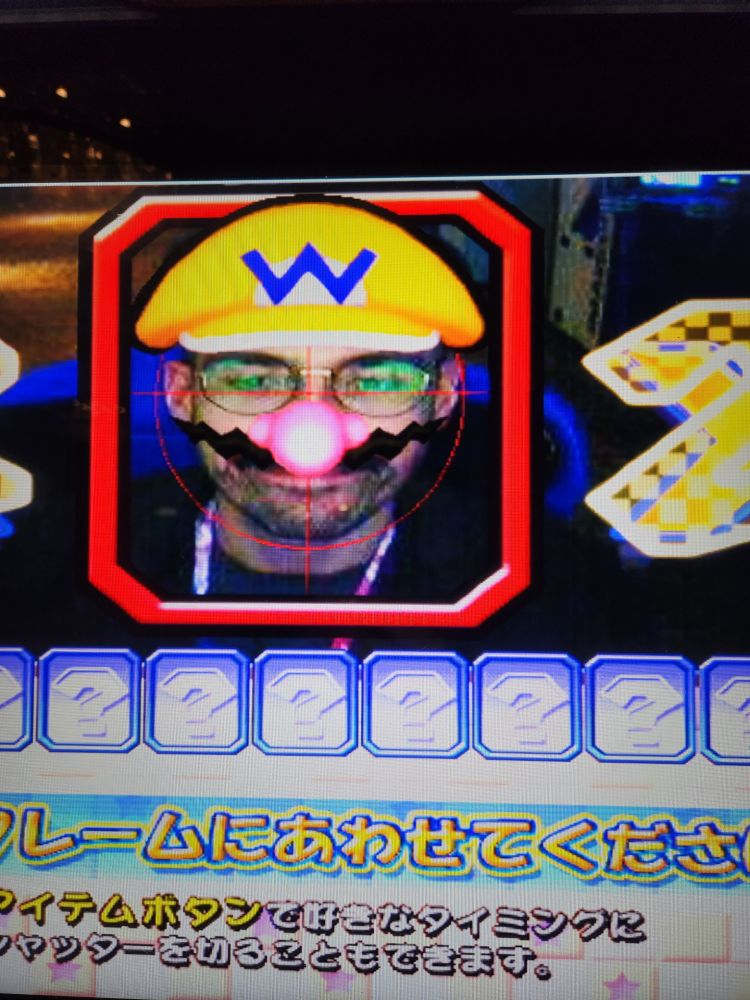 Me as Wario in the Mario Kart arcade game
