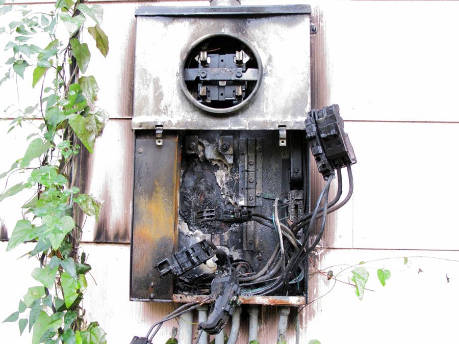 Burned-out circuit breaker panel.