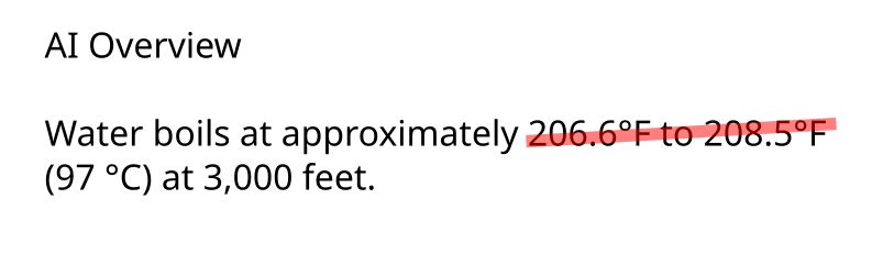 Poor stupid chatbot falsely says «Water boils at approximately 206.6°F to 208.5°F (97 °C) at 3,000 feet.»