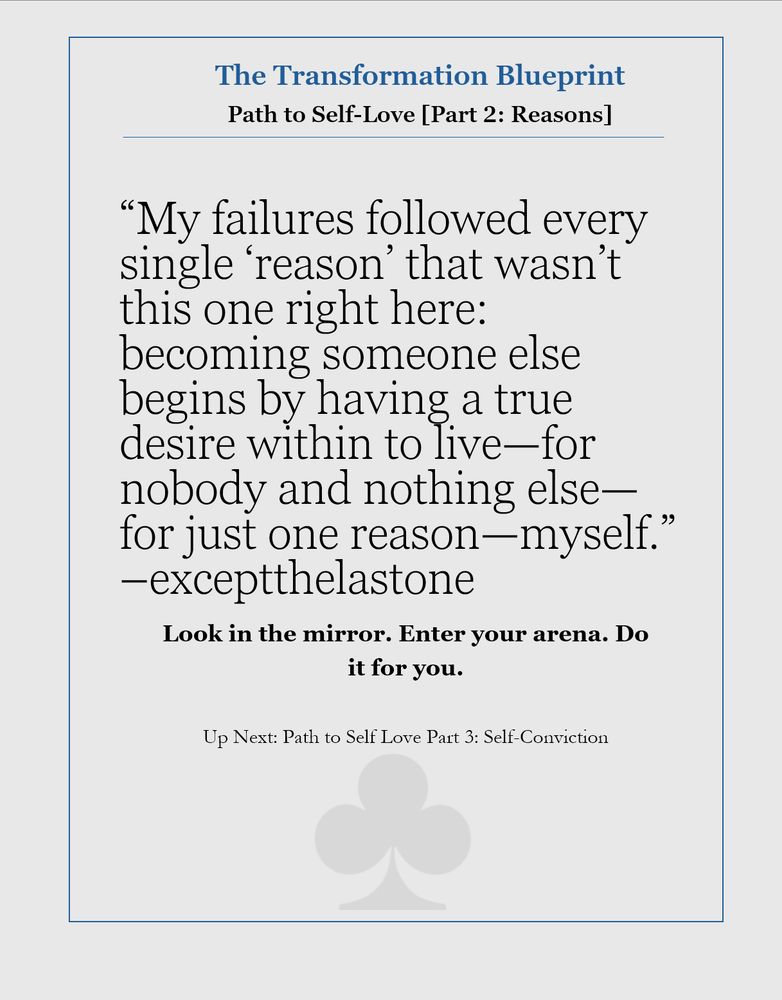 Photo from The Transformation Blueprint with a quote "My failures followed every single 'reason' that wasn't this one right here: becoming someone else begins by having a true desire within to live - for nobody and nothing else - just one reason - myself." Captioned - Who are you changing for?