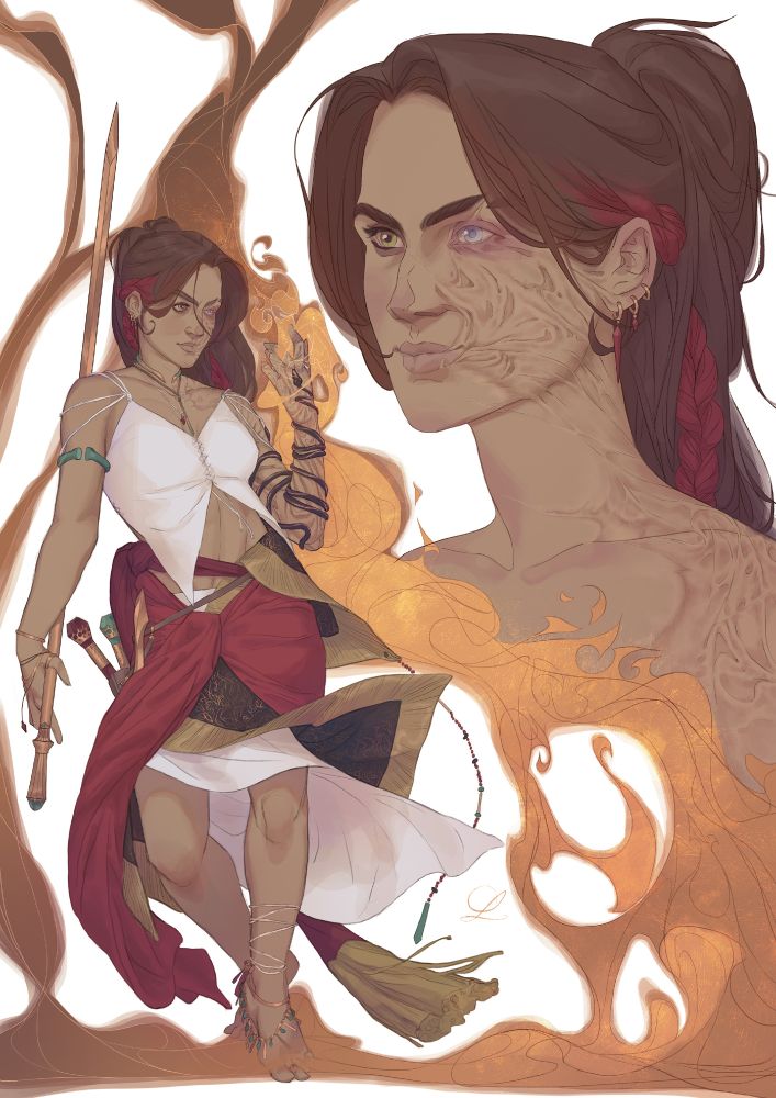 Character spread with a quarter portrait and full body figure in flat colors of a brown woman, late 20s, long brown hair with deep red dyed braids, her right eye is light green and her left blind eye is opaque. The left side of her face, shoulder and her entire left arm are covered in burn scars. She's dressed in mostly reds, blacks and whites, in a multilayered skirt and an airy top. She holds a thin copper sword almost as tall as herself, and fire swirls from a long black bracelet snaking her left arm. 