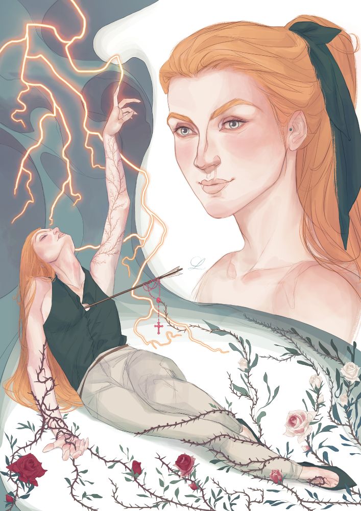 Character spread with a quarter portrait and full body figure in flat colors of a white pale woman, mid 30s, long red hair and grey eyes. She's reclined in a pose reminiscent of Michelangelo's Creation of Adam, her left arm towards a clouded sky, touching lightning, adorned with a Lichtenberg scar tattoo. Her right arm and legs are encircled by winding rose branches, the thorns pricking and bleeding. The roses near her are blood red, blanching into white the further off. Her chest is speared by an arrow, a bright pink rosary hanging from it.
