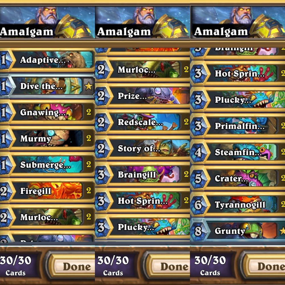Poorly stitched together deck screenshot of a golden Murloc Paladin deck. 