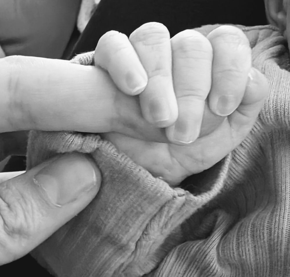 Newborn baby hand wrapped around an adults finger 