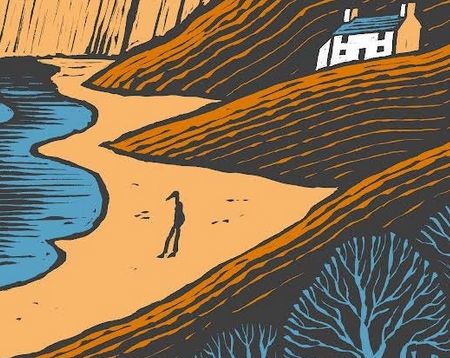 Woodcut or linocut-type image of a distant cottage on the rolling hills of the shore in front of a massive cliff. A bird-headed creature stands on the beach, hands in pockets (?) contemplating the rolling waves.